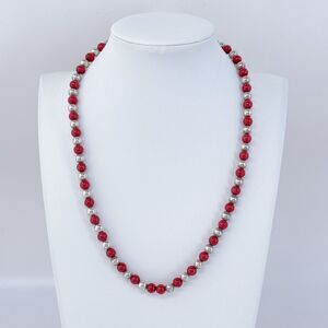 Vintage Sterling Silver 925 Red Glass Beaded Necklace 18"